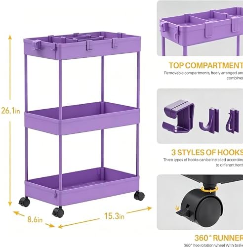 SPACELEAD Slim Storage Cart 3 Tier,Bathroom Organizer Rolling Utility,Mobile Shelving Unit Slide Out for Office, Kitchen, Laundry Room & Narrow Places,Purple - Image 2