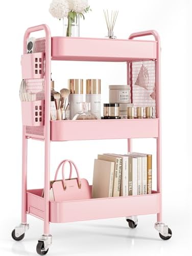 TOOLF 3 Tier Rolling Cart Storage Organizer, Metal Rolling Utility Cart with Wheels, Hooks & Bins Esthetician Craft Art Sturdy Storage with Pegboard for Bathroom, Kitchen, Office, Nursery Diaper by TOOLF
