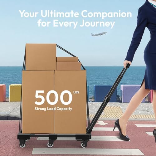 Voipvvii Folding Hand Truck 500lbs, Portable Heavy Duty Dolly Cart, 6 Wheels Collapsible Luggage Cart with 2 Elastic Ropes - Compact Trolley Cart for Easy Moving - Ideal Hand Cart for Travel and More - Image 6