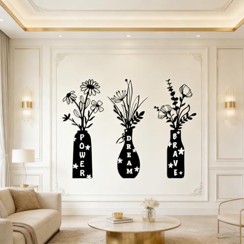 3 Pack Floral Vase Wall Decals - Power Dream Brave Inspirational Stickers, Removable Black Vinyl Wall Art for Bedroom, Living Room, Home Office, Apartment Dorm Decor by Datesno
