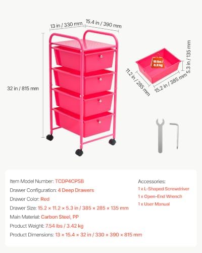 VEVOR Rolling Cart with Drawers, 4 Drawer Storage Organizer, Mobile Utility Cart with Steel Frame, Universal Casters & 2 Brakes, for Office, Classroom, Craft Tools, Garage, Cleaning Supplies, Rose Red - Image 7