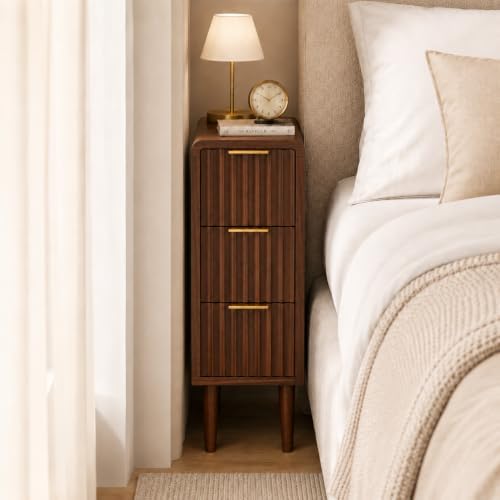 Narrow Nightstand with 3 Drawers, Slim Bedside Table with Fluted Drawer Fronts and Gold Handles, Skinny Side Table for Sofa Side, Bedroom, Small Spaces, Wood Grain Accent Table - Image 6