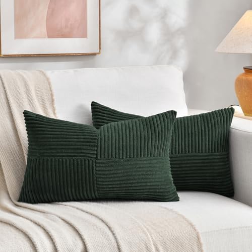 Fancy Homi 2 Packs Dark Green Lumbar Decorative Throw Pillow Covers 16x26 Inch for Living Room Couch Bed, Rustic Farmhouse Boho Home Decor, Soft Striped Corduroy Rectangle Accent Cushion Case 65x40 cm by Fancy+Homi