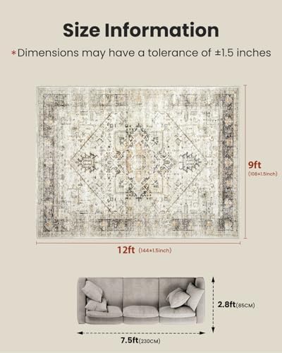 AMADA HOMEFURNISHING Washable Area Rug, Low-Profile Large Area Rug with Non-Slip Backing & Durable Edge Binding, Vintage Large Rugs for Living Room, Bedroom, Dinning Room, 9x12, Grey/Beige - Image 2