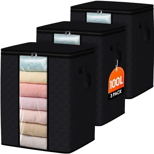 SpaceWhisper 3 Pack 100L Clothes Storage, Foldable Storage Bags, Black by Unknown