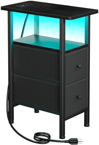 LOAKEKEL Narrow End Table with Charging Station, Small Nightstand by LOAKEKEL
