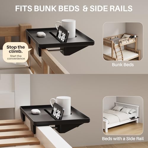JOYMOOP Clip-On Bedside Shelf for Bunk Beds, Dorm Room Essentials, Bedside Caddy, No-Tool Install Bed Side Table Storage for Loft, Platform Beds, Nightstand Caddy for Phone, Glasses, Book, Black - Image 4