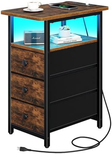 Yoobure End Table with Charging Station, LED Narrow Side Table Bedside Table, Small Night Stand End Tables Living Room, Skinny Nightstand with 3 Fabric Drawers, Side Tables Bedroom for Small Spaces by Yoobure