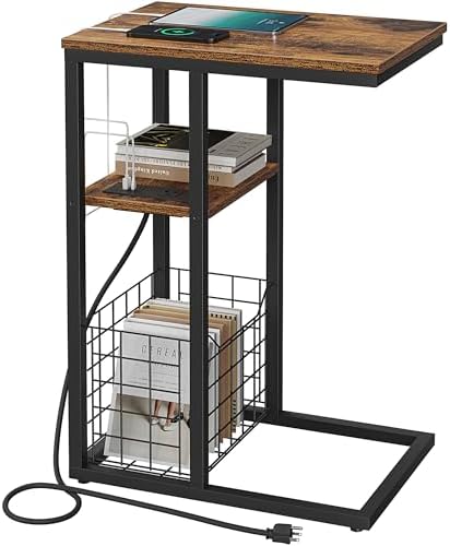 Vagusicc C Shaped End Table with Charging Station, Side Table for Couch, Small Side End Table for Small Spaces, 28" High Slide Under Sofa Table for Coffee, Tv Tray Table for Living Room, Rustic Brown by Vagusicc