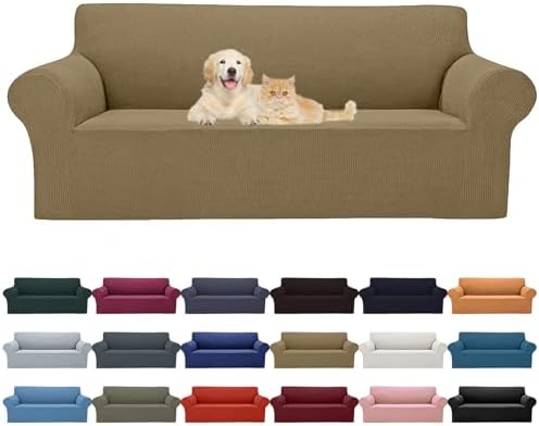 Cupuamon 2026 New Stretch Sofa Slipcovers Couch Cover for 3 Cushion Furniture Protector Sofa Covers with Elastic Bottom Jacquard Fabric Small Checks for Pets, Kids -Sofa, Tan by Cupuamon