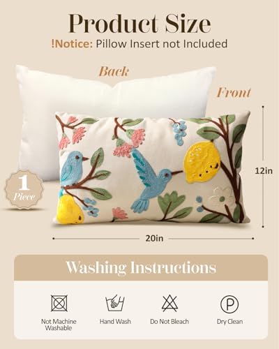 Embroidered Lumbar Pillow Cover 20x12 Inch, Bird Lemon - Image 4
