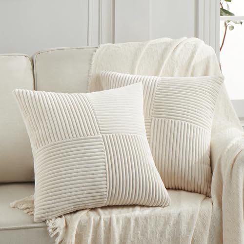 Fancy Homi 2 Packs Cream Decorative Throw Pillow Covers 16x16 Inch for Living Room Couch Bed Sofa, Rustic Farmhouse Boho Home Decor, Soft Corss Patchwork Corduroy Textured Square Cushion Case 40x40 cm by Fancy+Homi