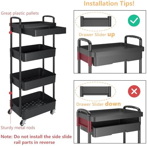 Calmootey 4-Tier Utility Cart with Drawer & Wheels, Storage for Home,Office - Image 6