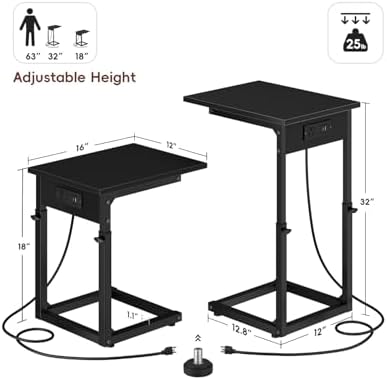 Vagusicc C Shaped End Table with Charging Station, 33"Tall C-Table End Table Adjustable Height Side Table for Couch, Couch Table That Slide Under Sofa Table TV Tray Table for Living Room,Bedroom,Black - Image 3
