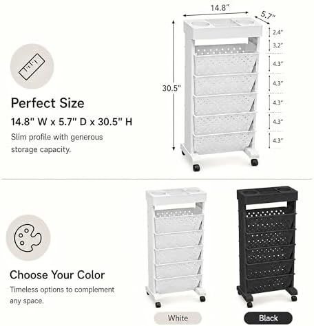 6-Tier Rolling Bookshelf Magazine Rack with Wheels White - Image 3