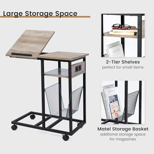 FLYJOE End Table C Shape with Charge Station, Tilting Top Side Table with Magazine Holder and Lockable Wheels, Easy Assembly for Living Room, Bedroom, Industrial Style, Grey - Image 4