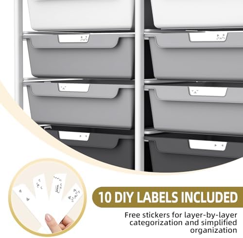 10 Drawer Rolling Storage Cart with Wood Top for Classroom Crafts Grey - Image 5