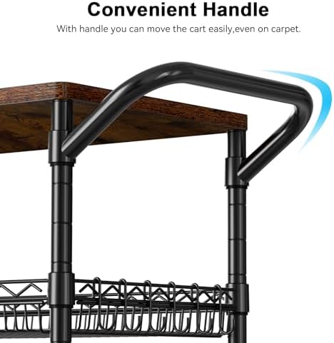 WDT 3 Tier Rolling Carts with Wheels, Heavy Duty Rolling Utility Cart with Wood Tabletop, Commercial Grade Metal Cart with Handle and Hooks, NSF Storage Serving Carts for Kitchen Island, Wood+Metal - Image 6