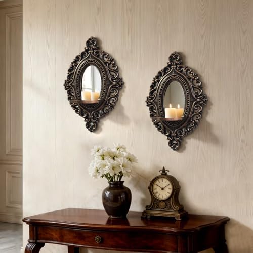 2 Set Vintage Candle Wall Sconce for Home Decor Living Room Bedroom Office Wood Antique Mirrored Victorian Mounted Candlestick Wall Holder Relief Hanging Decor -Brown 11.8in by sxnzequnze