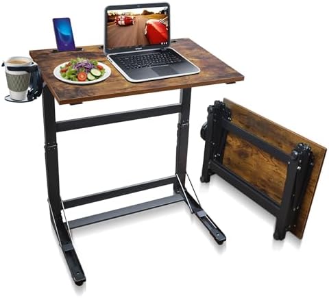 No Assembly Folding TV Tray Table C-Shaped Couch End Table with Cup Holder & Device Slots, Extra Wide Portable Laptop Desk for Eating, Working, Bed, Sofa, Rustic Wood by Unknown