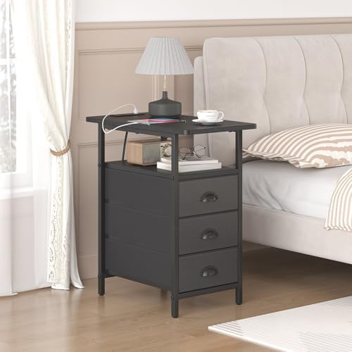 sthmec End Table with Charging Station, Side Tables Livingroom with USB Ports and Outlets,Narrow Nightstands Bedside Tables with 3 Drawers PU Finish for Small Space,Slim Sofa Table Bedroom,Black - Image 6