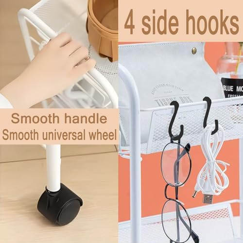Storage Carts 3-Tier, Metal Utility Rolling Cart with Wheels, Snack Shelves, Fruit Basket Stand for Living Room, Kitchen, Office, with 360° Wheels & Hooks, White - Image 3