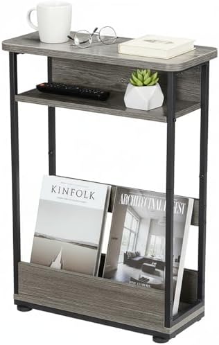 Narrow Side Table,3-Tier Slim End Table with Storage Shelf,Modern Sofa Table Thin Side Table for Narrow and Small Spaces, Skinny Bedside Table Small Nightstand with Magazine Rack Space Saving/Grey by YEAKOO