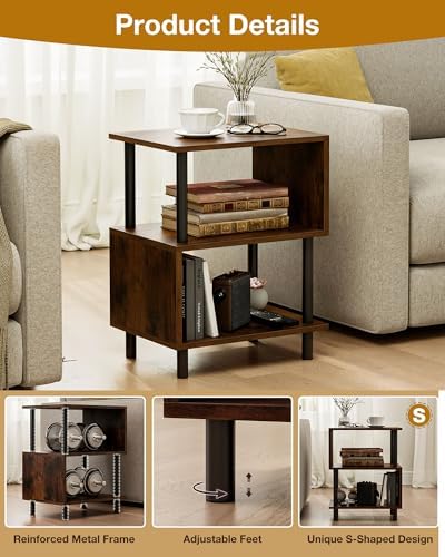 Frylr Side Table, Night Stand and End Table with Reinforced Metal Frame, 44 lb Capacity on Each Tier and Leveling Feet for Bedroom, Bedside, Living Room and Small Spaces, Rustic Brown - Image 4