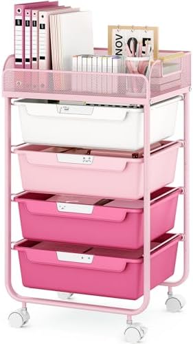 SYKIARIOL 4-Drawer Rolling Storage Cart with Mesh Top, Rose Pink by SYKIARIOL