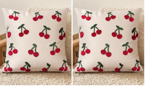 Embroidered Throw Pillow Cover 18x18 Inch - Spring Summer Boho Decorative Pillow Cover with Zipper for Living Room Couch Sofa Bed Aesthetic Design Little Cherry Cushion Pillowcase (Pack of 2) by Kokaaee