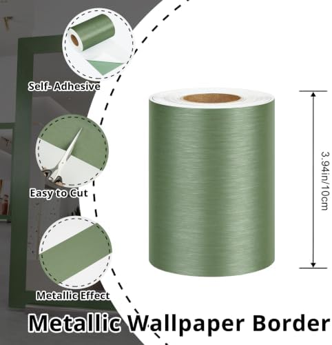 Sage Green Brushed Metallic Wallpaper Border Peel and Stick Trim | Metal Look Mirror Frame Border Self Adhesive Waterproof Contact Paper Bulletin Board Borders Wall Line Bathroom 3.94"x 197" - Image 6