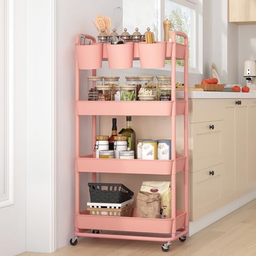 JIUYOTREE 4-Tier Plastic Rolling Storage Cart Utility Cart with Extra Hanging Cups Handles Lockable Wheels for Living Room Bathroom Kitchen Office Pink - Image 6