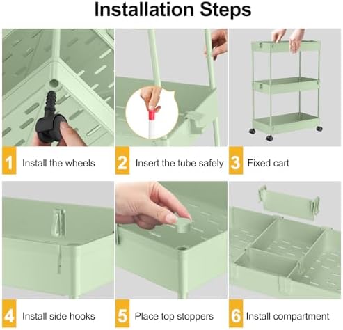 SPACELEAD 3 Tier Rolling Cart with Wheels, Storage Craft Art Trolley Organizer Serving, 3 Hanging Baskets Easy Assembly, for Office, Living Room, Kitchen, Green - Image 2