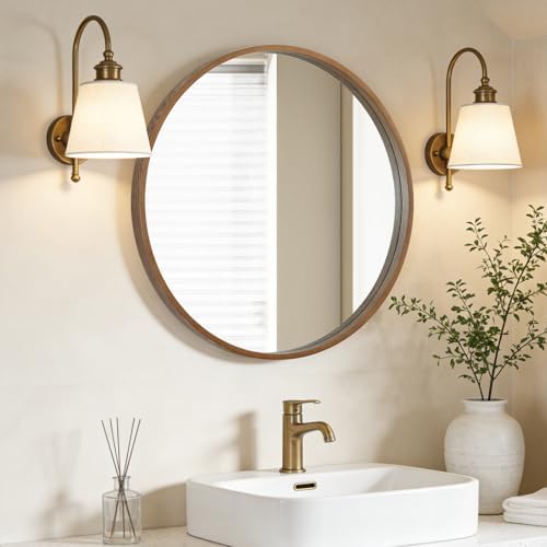 WallBeyond Wood Round Mirror with Wood Frame 24 inch Circle Wall Mirror for Bathroom Round Wall Mirror for Wall Decor, Vanity, Entryway Living Room (Walnut) - Image 2