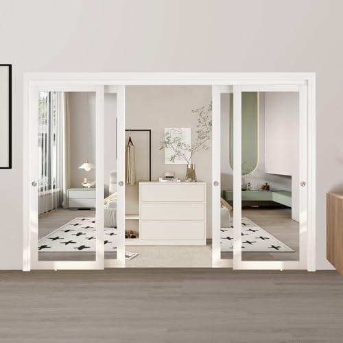 JUBEST 120" x 80" Mirror Closet Door, Preassembled One Side Mirror Door with Hardware Kit & Matching Fascia, Solid Wood Frame with Water-Proof PVC Surface, Easy to Install, White by JUBEST