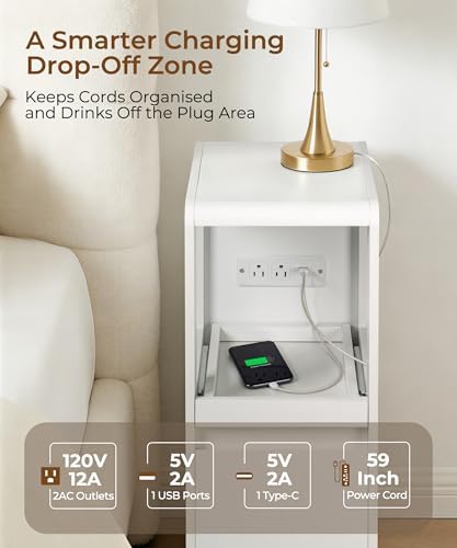 White Narrow Side Table, Slim End Table with Charging Station - Image 3
