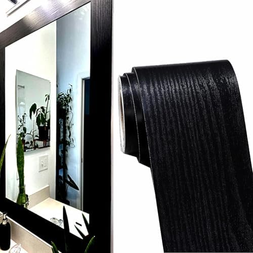 DESOMINOR 27FT Black Border Peel and Stick Black Wood Grain Wallpaper Border Removable Waterproof Bathroom Mirror Frame Sticker (Black,2Inch x 27Ft) by DESOMINOR