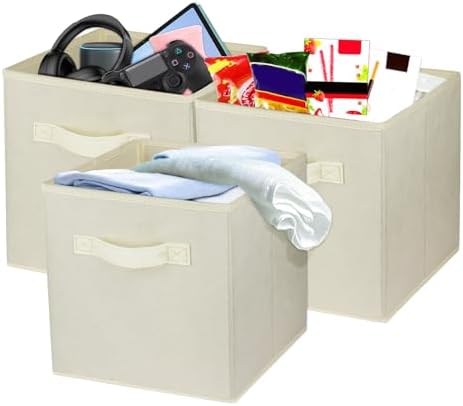 3 Pcs Storage Cubes, 10.5 Inch Collapsible Storage Bins, Fabric Foldable Bins for Organization, Durable Storage Bins for Closet, Shelves, Offices (Beige) by Zuihug