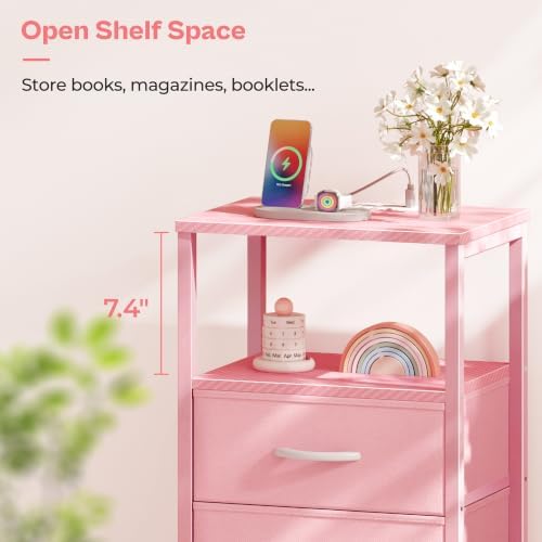 Huuger Nightstand with Charging Station, Side Table with Fabric Drawers - Image 6