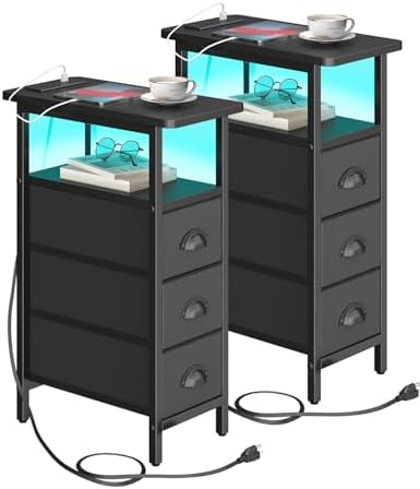shtmec Narrow End Table Set of 2 with Charging Station, LED Side Tables Set 2 with Fabric Drawers, Small Bedside Tables Nightstands for Small Space, Slim Sofa Couch Table for Livingroom,Black by Unknown