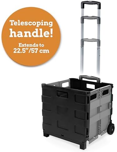 Inspired Living Ultra-Slim Rolling Collapsible Storage Pack-N-Roll Utility-carts, with Telescopic Handle, for Home, Garden, Shopping, Office, School use, Medium, Grey & Black - Image 4