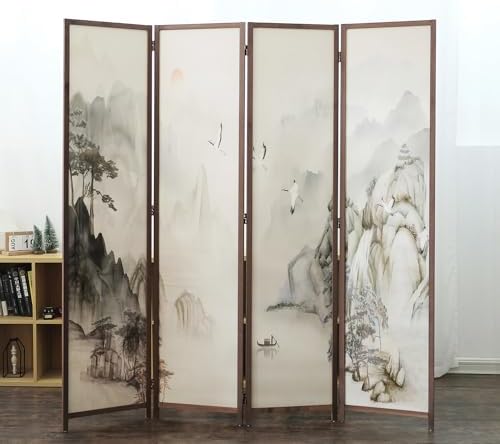 Furnnylane 4 Panel Room Divider, 5.6 ft Tall Double-Sided Blackout Folding Privacy Screen – Freestanding Wall Partition with Mountains and Waters Landscape for Home Office, Easy Setup (67" H x 63" W) by Furnnylane