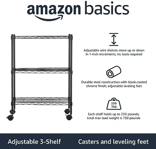 Amazon Basics 3-Shelf Adjustable Heavy Duty Storage Shelving Unit on 2" Wheels, Metal Wire Rack for Garage, Utility Shelving with Leveling Feet, 23.2"L x 13.4"W x 32.75"H, Black - Image 4