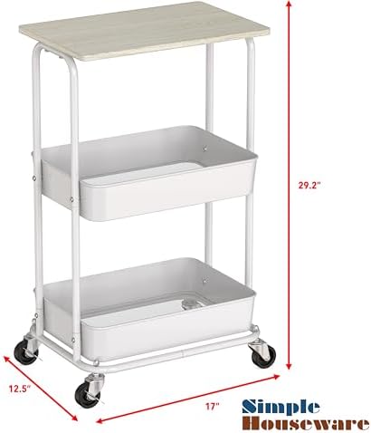 Simple Houseware 2-Tier Rolling Utility Cart Wood Top/Lockable Wheel, Maple - Image 3