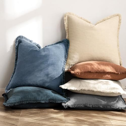 MIULEE Linen Fringe Decorative Lumbar Throw Pillow Covers Blue Ashes 12x20 - Image 4