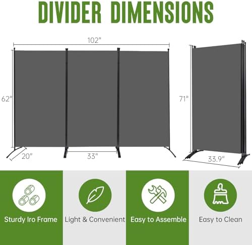 3 Panel Folding Room Divider, 102" Wx71.3 H Portable Wall Divider, Grey - Image 6