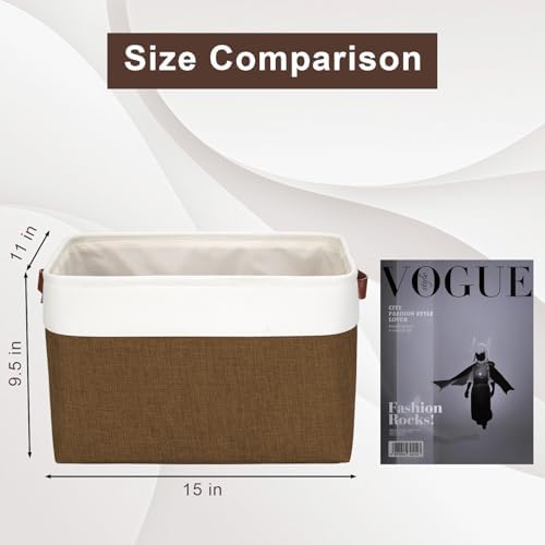 Bagnizer Storage Bins Large Fabric Storage Baskets for Shelves 3 Pack, Decorative Linen Closet Baskets with Handles for Organizing, Shelf, Clothes, Home, Office, 15x11x9.5Inches (Brown&White) - Image 3
