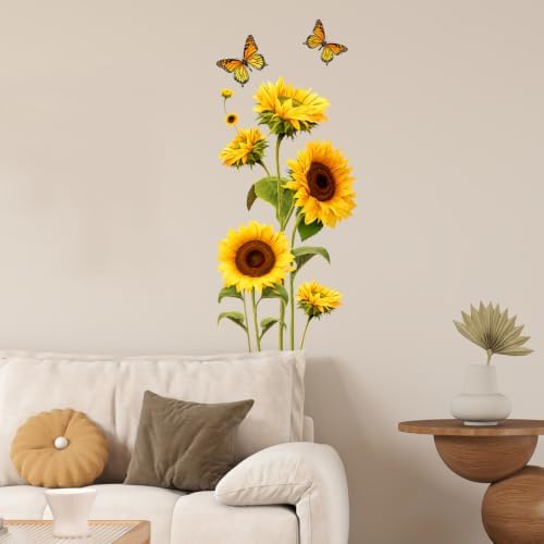 Sunflower Wall Decals Peel and Stick, Butterfly Floral Wall Stickers, Large Botanical Removable Vinyl Wall Decor, Flower Wall Art for Bedroom Living Room Nursery Office Farmhouse Home Decorations - Image 4