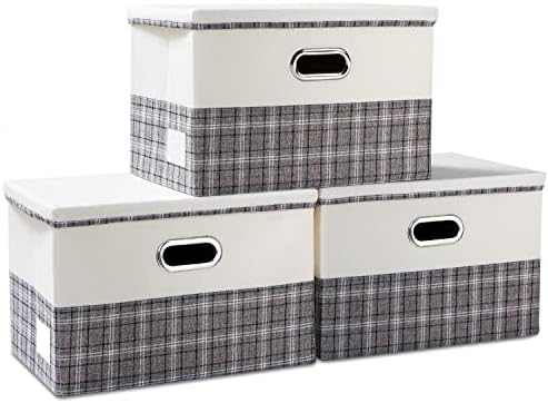 PRANDOM Large Collapsible Storage Bins with Lids [3-Pack] Fabric Foldable Storage Boxes Organizer Containers Baskets Cube with Cover for Home Bedroom Closet Office Gray plaid & Cream(17.7x11.8x11.8) by Prandom