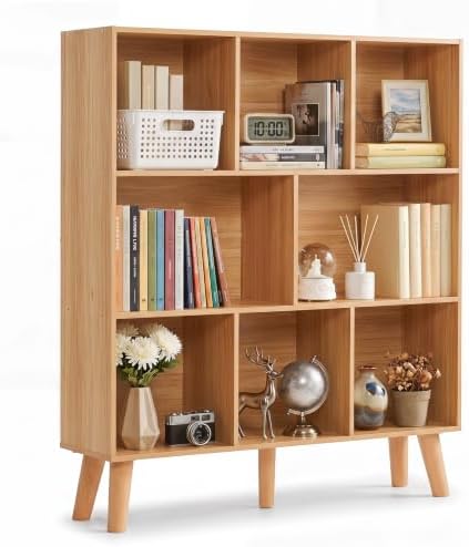 YAHARBO 8 Cube Natural Bookshelf,4 Tier Book Shelf with Legs,Modern Minimalist Bookcase,Open Book Shelves Storage Organizer,Frees Standing Wooden Display Bookcases for Small Space,Bedroom,Living Room by YAHARBO